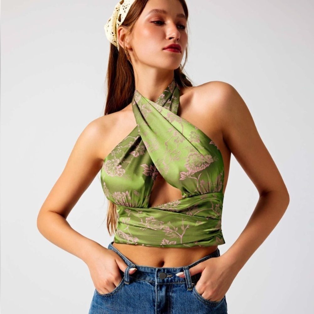 SHEIN green pink floral cropped halter cutout shirt top